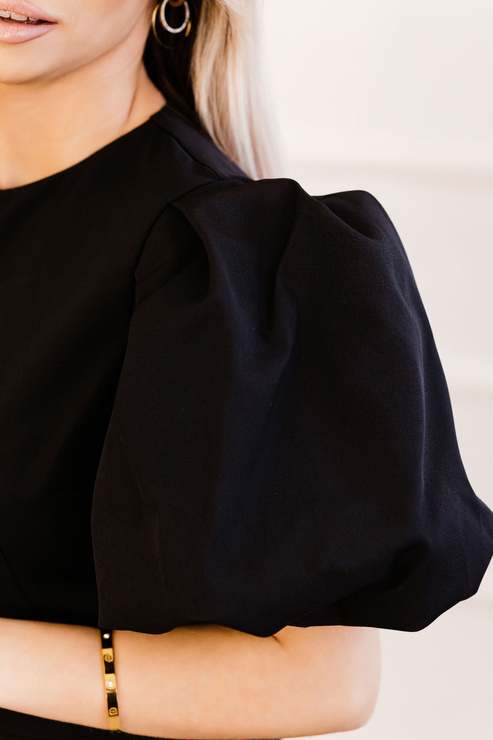 PRZYMIARKA - elegancka rozkloszowana sukienka LUX MINI - z krótkimi bufiastymi rękawami - czarna