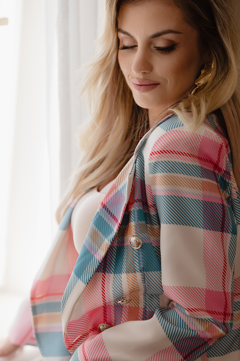 DOTTY lekka marynarka na wiosnę/lato w kratkę - różowo niebieska