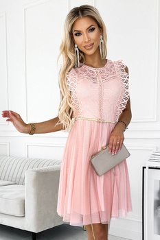 454-2 GRETA sukienka z koronką i złotym paskiem - BRZOSKWINIA