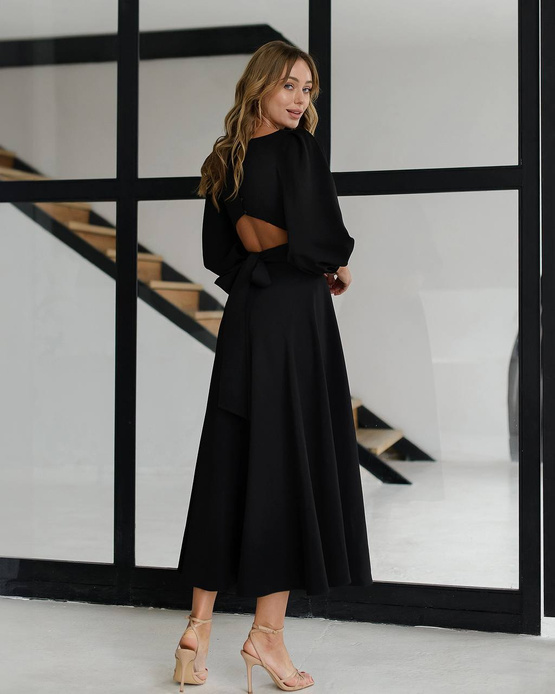 WYPOŻYCZENIE - sukienka NATT rozkloszowana midi z bufiastymi rękawami i lekko odsłoniętymi plecami, zawiązywana na kokardę - czarna