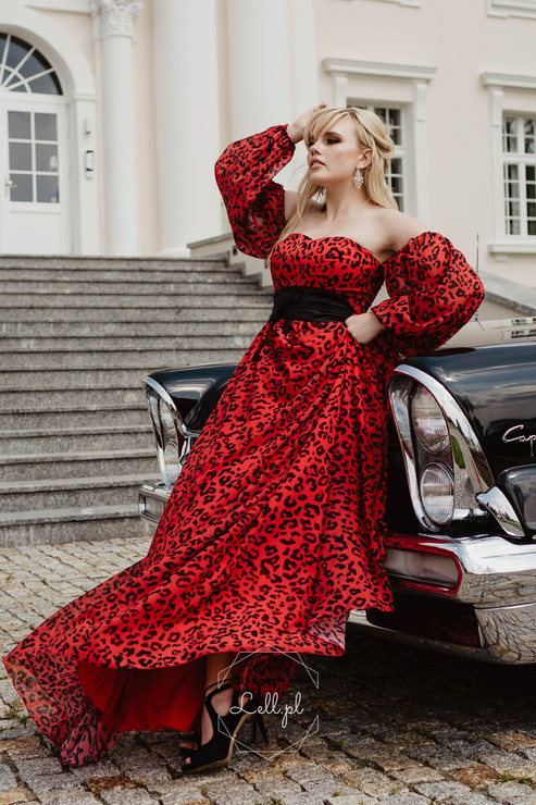 WYPOŻYCZENIE - sukienka CASIDEA czerwona panterka z bufiastymi rękawami