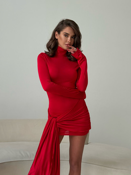 WYPOŻYCZENIE - sukienka DRAPPE mini z długimi rękawami i zabudowanym dekoltem - czerwona