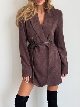 WYPOŻYCZENIE - sukienka garniturowa TWINS EX mini z wiązaniem w tali i różą - czekoladowa