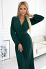 504-3 VIVIANA Plisowana sukienka midi z dekoltem, długim rękawkiem i szerokim paskiem - ZIELEŃ BUTELKOWA