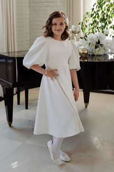 PRZYMIARKA - sukienka NATT GIRL rozkloszowana midi z bufiastymi rękawami dla dziewczynki, zawiązywana na kokardę - śmietankowa biel