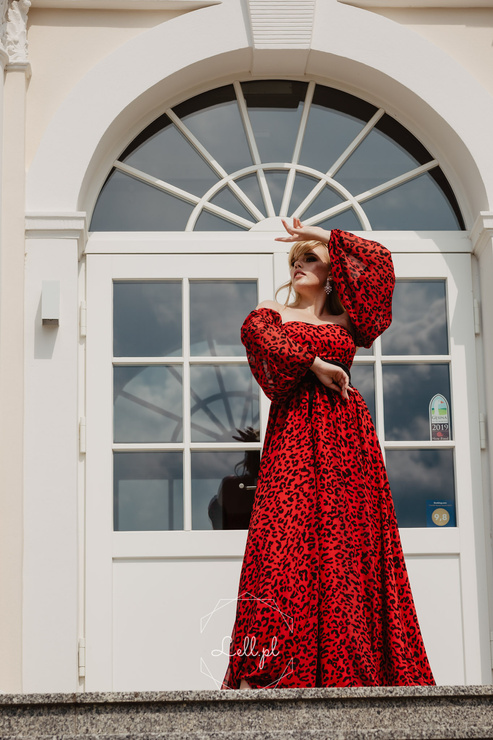 PRZYMIARKA - sukienka CASIDEA czerwona panterka z bufiastymi rękawami