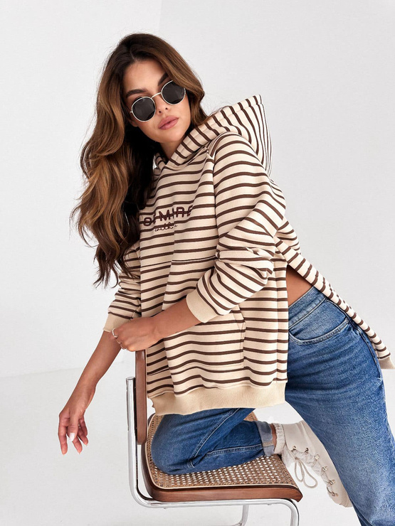SARA bluza oversize z kapturem Sempre - beż w paski