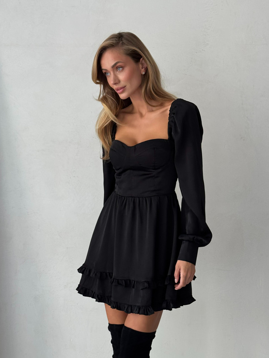 YOSEE EX - sukienka z falbankami mini rozkloszowana z długim rękawem - czarna