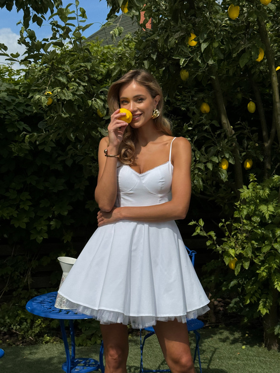 PRZYMIARKA - sukienka bawełniana mini FLORYY rozkloszowana z tiulem zwiększającym objętość - biała