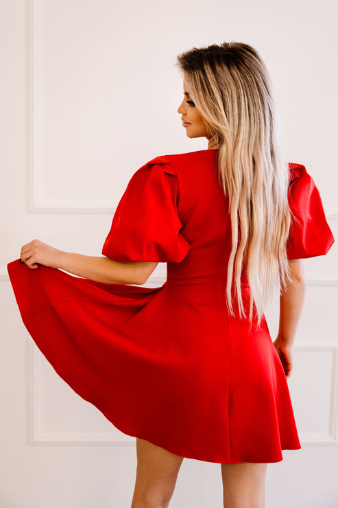 WYPOŻYCZENIE - elegancka rozkloszowana sukienka LUX MINI - z krótkimi bufiastymi rękawami - czerwona