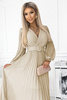 414-8 KLARA plisowana sukienka z paskiem i dekoltem - BEŻOWA