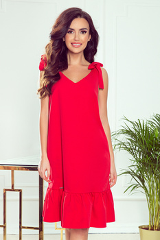 306-1 ROSITA Sukienka z kokardkami na ramionach i falbanką - CZERWONA