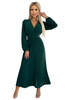 504-3 VIVIANA Plisowana sukienka midi z dekoltem, długim rękawkiem i szerokim paskiem - ZIELEŃ BUTELKOWA