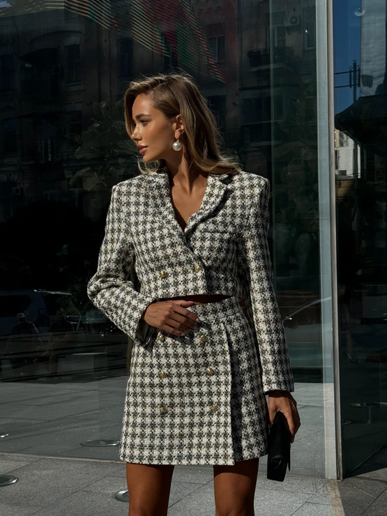 WYPOŻYCZENIE - komplet garniturowy CHASEL marynarka i spódnica - śmietankowy w kratę