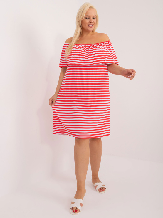ANNABEL - sukienka mini hiszpanka w paski plus size - koralowo- biała