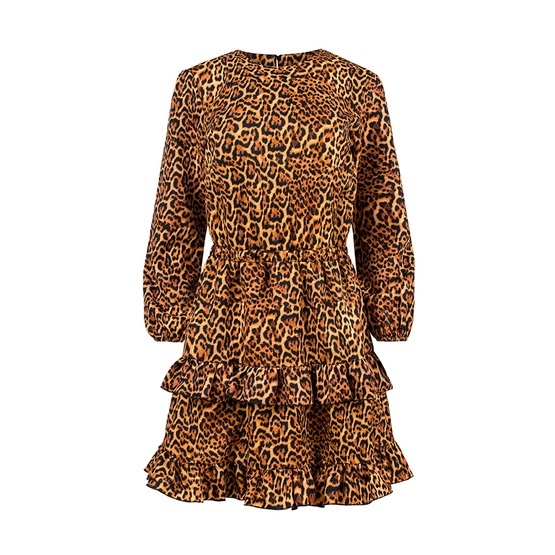 CHLOO sukienka panterka z lekko bufiastymi rękawami i falbankami