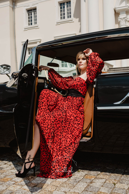 PRZYMIARKA - sukienka CASIDEA czerwona panterka z bufiastymi rękawami