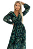 511-1 Plisowana szyfonowa długa sukienka z dekoltem, długim rękawkiem i paskiem - ZIELONE LIŚCE