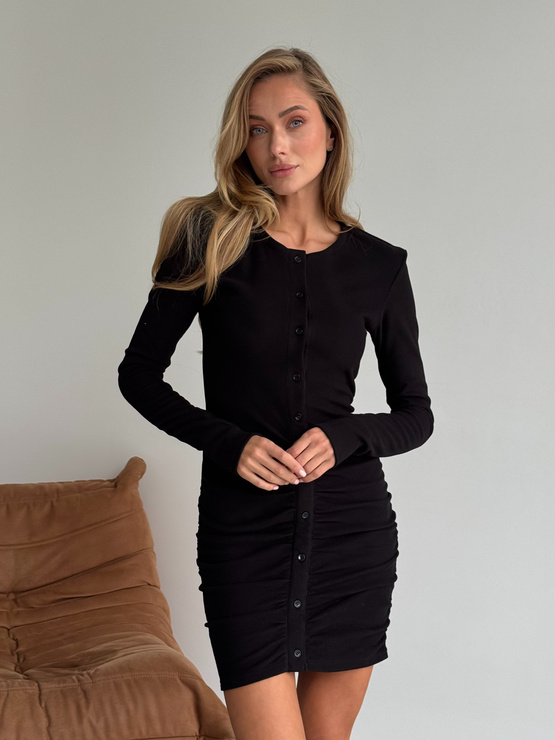 CHELLY - sukienka mini dopasowana z długim rękawem, zapinana na guziczki - czarna