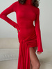WYPOŻYCZENIE - sukienka DRAPPE mini z długimi rękawami i zabudowanym dekoltem - czerwona