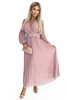 414-2 KLARA plisowana sukienka z paskiem i dekoltem - PUDROWY RÓŻ