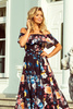 194-3 Długa suknia z hiszpańskim dekoltem - czarna w kolorowe kwiaty