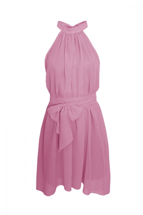 WYPOŻYCZENIE - szyfonowa sukienka LIVIA rozkloszowana na stójce - wrzosowa