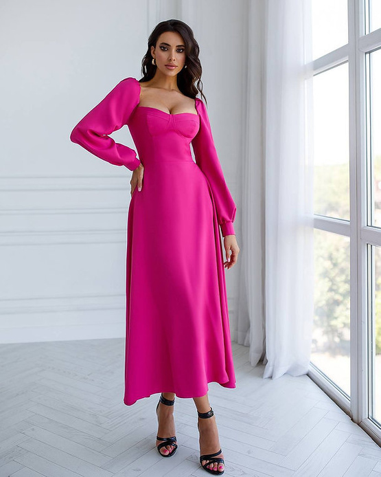 PRZYMIARKA - sukienka SALLY EX rozkloszowana midi z bufiastymi rękawami z kwadratowym dekoltem - malinowa