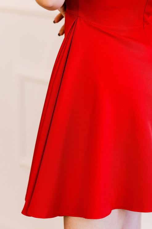 PRZYMIARKA - elegancka rozkloszowana sukienka LUX MINI - z krótkimi bufiastymi rękawami - czerwona