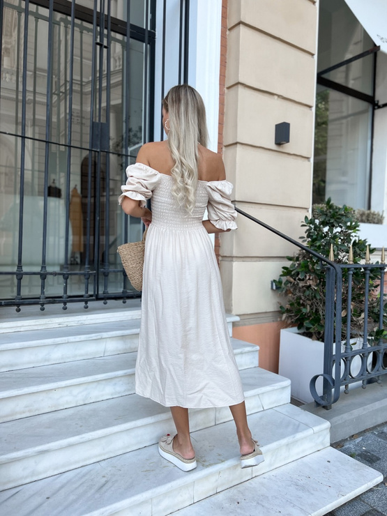 ANA - sukienka lniana midi rozkloszowana rozciągliwa na biuście - jasny beżowy