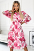 449-5 CARLA Plisowana sukienka midi z guziczkami i długim rękawkiem - ciemno-różowe KWIATY na białym tle