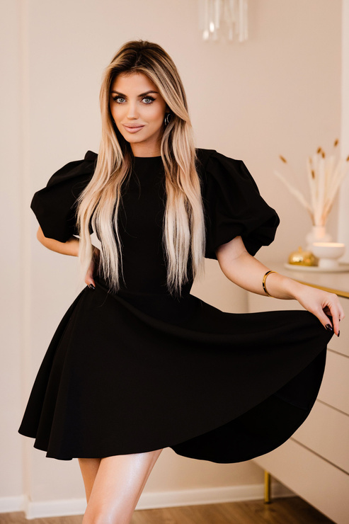 PRZYMIARKA - elegancka rozkloszowana sukienka LUX MINI - z krótkimi bufiastymi rękawami - czarna