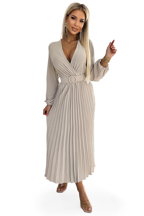 504-2 VIVIANA Plisowana sukienka midi z dekoltem, długim rękawkiem i szerokim paskiem - BEŻOWA