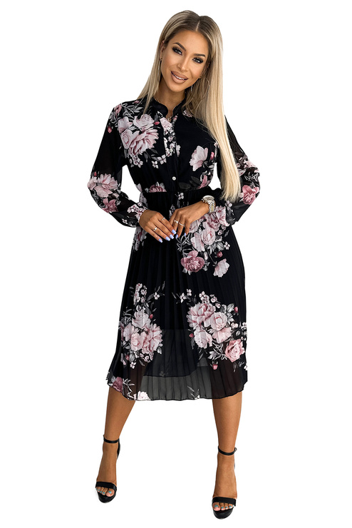 449-3 CARLA Plisowana sukienka midi z guziczkami i długim rękawkiem - RÓŻE na czarnym tle