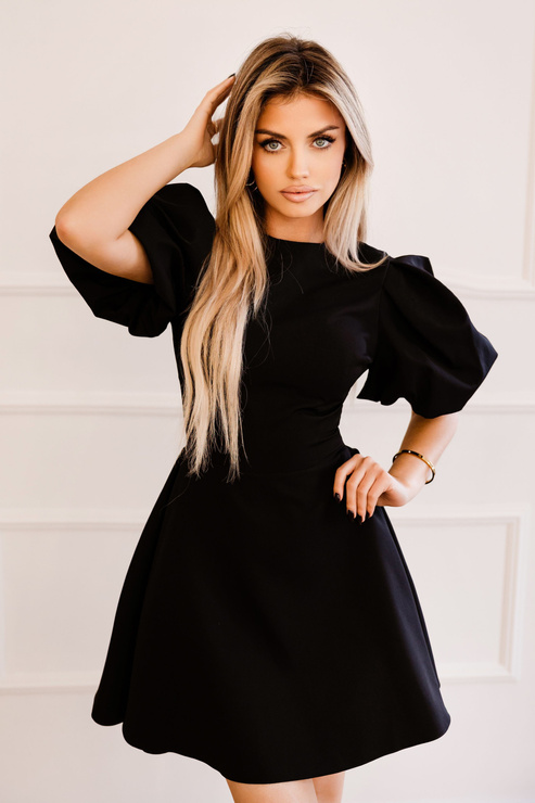 WYPOŻYCZENIE - elegancka rozkloszowana sukienka LUX MINI - z krótkimi bufiastymi rękawami - czarna