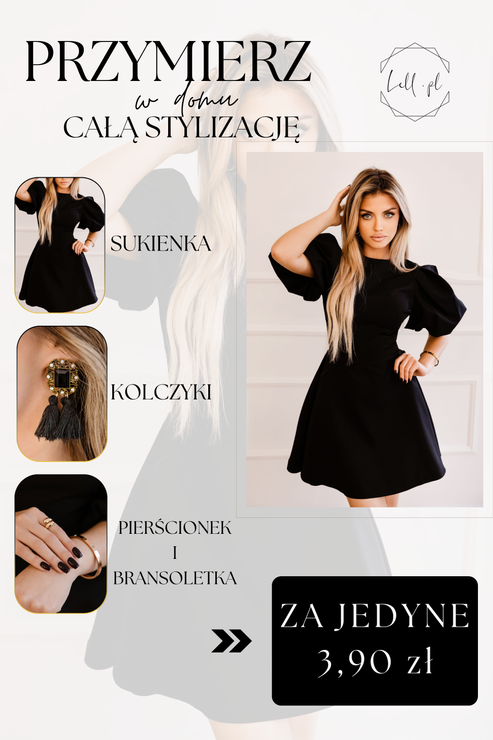PRZYMIARKA - elegancka rozkloszowana sukienka LUX MINI - z krótkimi bufiastymi rękawami - czarna