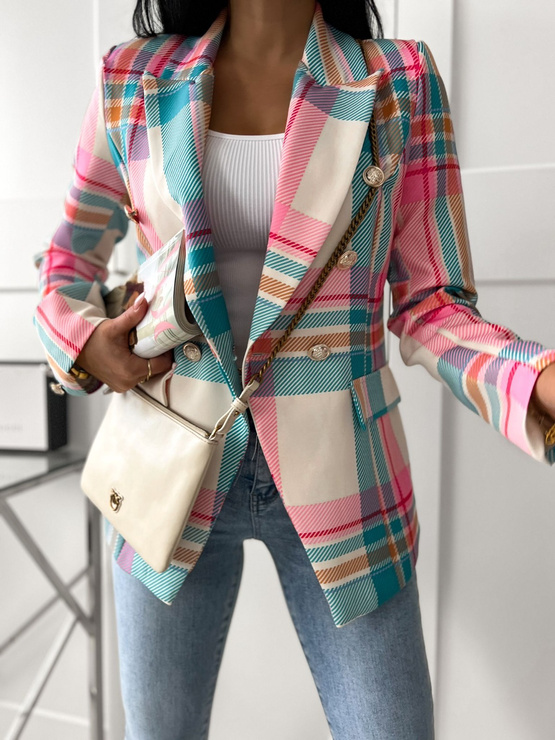 DOTTY lekka marynarka na wiosnę/lato w kratkę - różowo niebieska