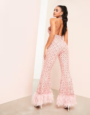 PRZYMIARKA - kombinezon LUXE POWDER gorsetowy, z szerokimi nogawkami, dekoltem halter i zdobieniem - pudrowy róż