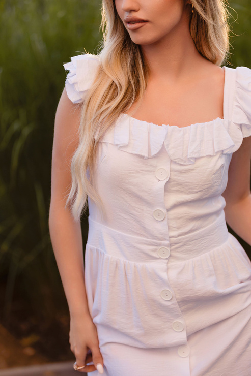 FLAXE - sukienka lniana midi rozkloszowana rozpinana z falbankami - śmietankowa biel