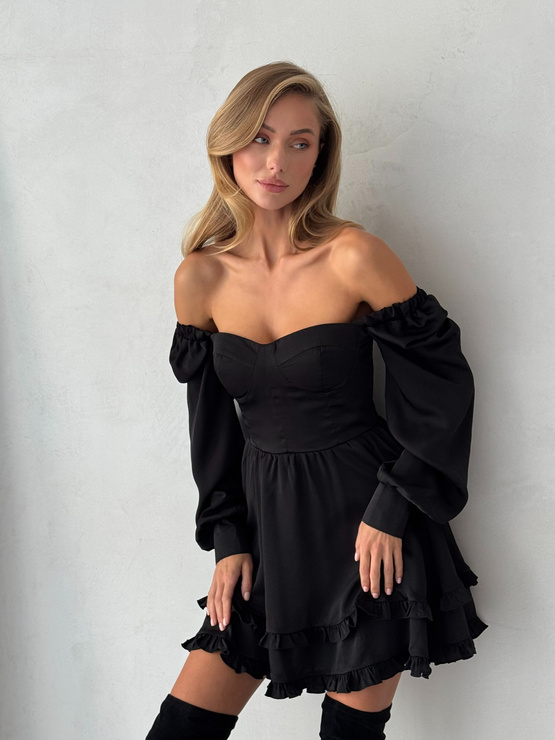 YOSEE EX - sukienka z falbankami mini rozkloszowana z długim rękawem - czarna