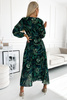 511-1 Plisowana szyfonowa długa sukienka z dekoltem, długim rękawkiem i paskiem - ZIELONE LIŚCE