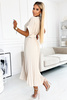 471-1 FELICIA Plisowana sukienka midi z dekoltem i szerokim paskiem - BEŻOWA