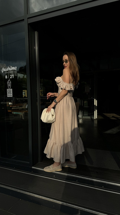 FLAXE - sukienka lniana midi rozkloszowana rozpinana z falbankami - beż