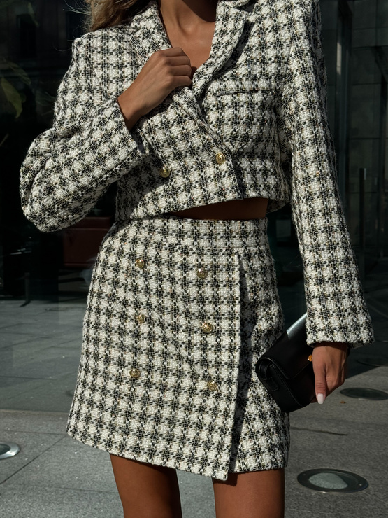 PRZYMIARKA - komplet garniturowy CHASEL marynarka i spódnica - śmietankowy w kratę