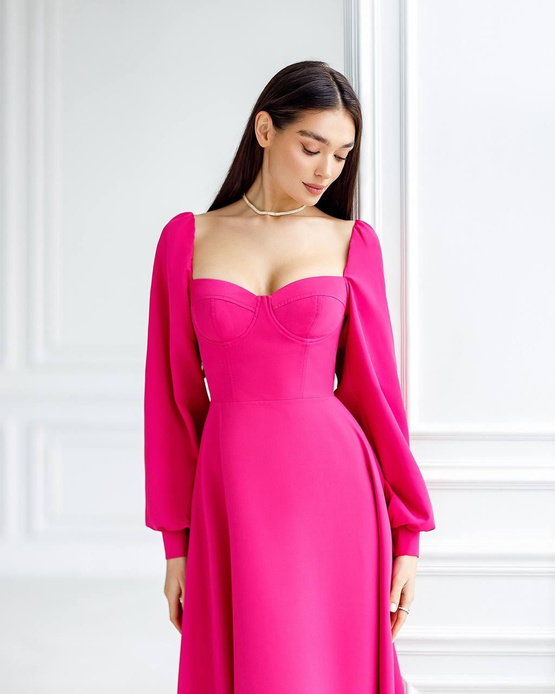 PRZYMIARKA - sukienka SALLY EX rozkloszowana midi z bufiastymi rękawami z kwadratowym dekoltem - malinowa