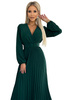 504-3 VIVIANA Plisowana sukienka midi z dekoltem, długim rękawkiem i szerokim paskiem - ZIELEŃ BUTELKOWA