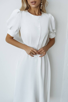 GREENA rozkloszowana sukienka midi zapinana na guziki z bufiastymi rękawkami - śmietankowa biel