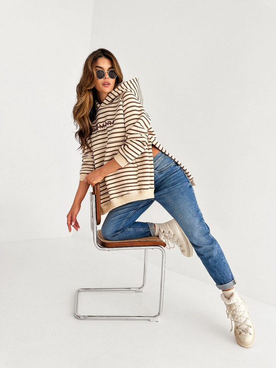 SARA bluza oversize z kapturem Sempre - beż w paski