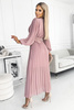 414-2 KLARA plisowana sukienka z paskiem i dekoltem - PUDROWY RÓŻ