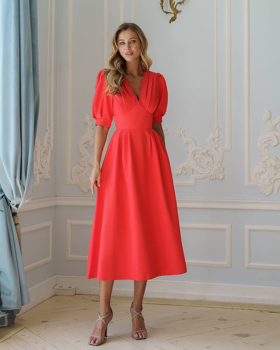 WYPOŻYCZENIE - sukienka MISSY rozkloszowana midi z bufiastymi rękawkami - czerwona koralowa